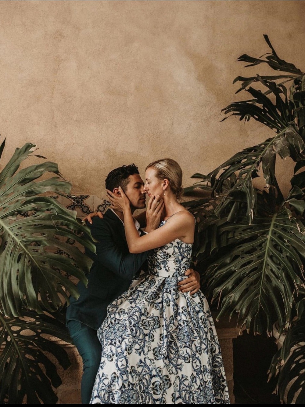 Betsy & Adam White Dress with Blue Floral Scroll Print